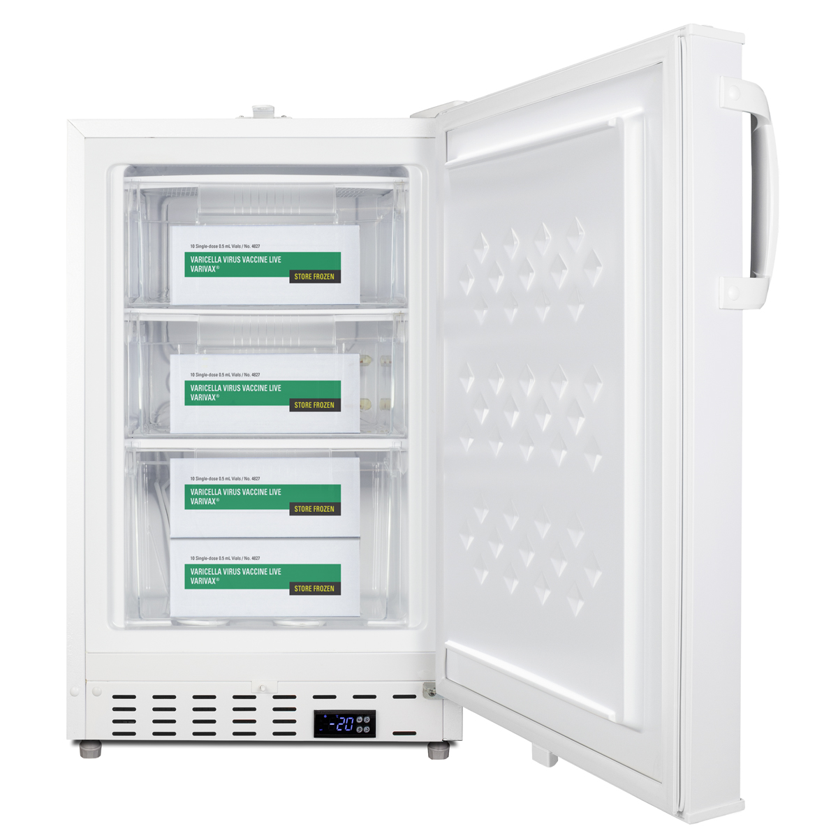 Built-in undercounter -25 C ADA compliant all-freezer in white with lock, digital controls, interior baskets, hospital cord with 'green dot' plug, factory installed access port, and manual defrost operation